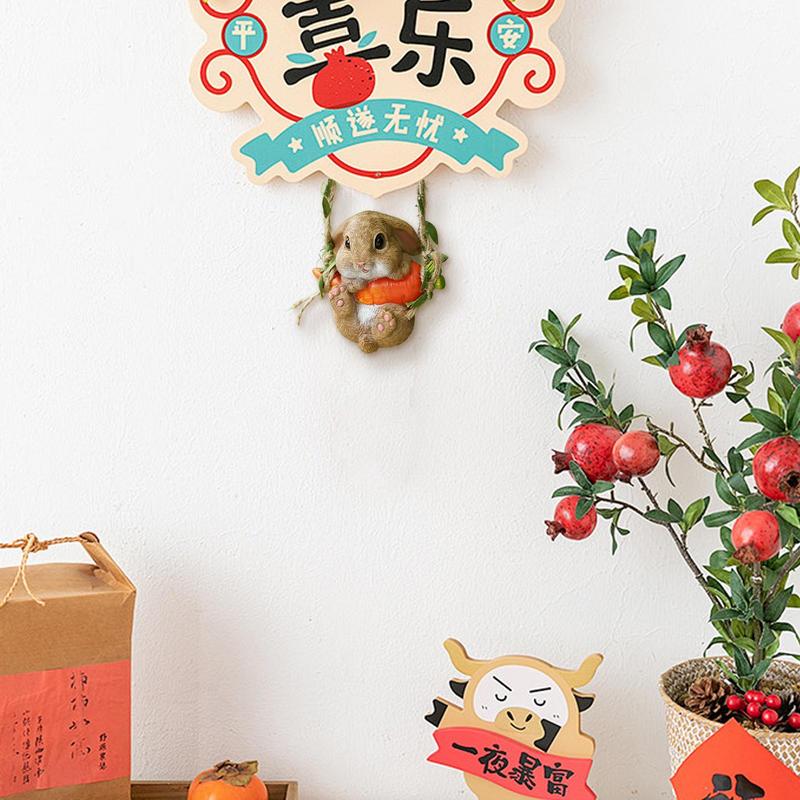 Easter Bunny Pendant Landscaping Animal Statue with Swing Rope & Hook Rustic Swinging Rabbit Figurine Hanging Ornaments for Car