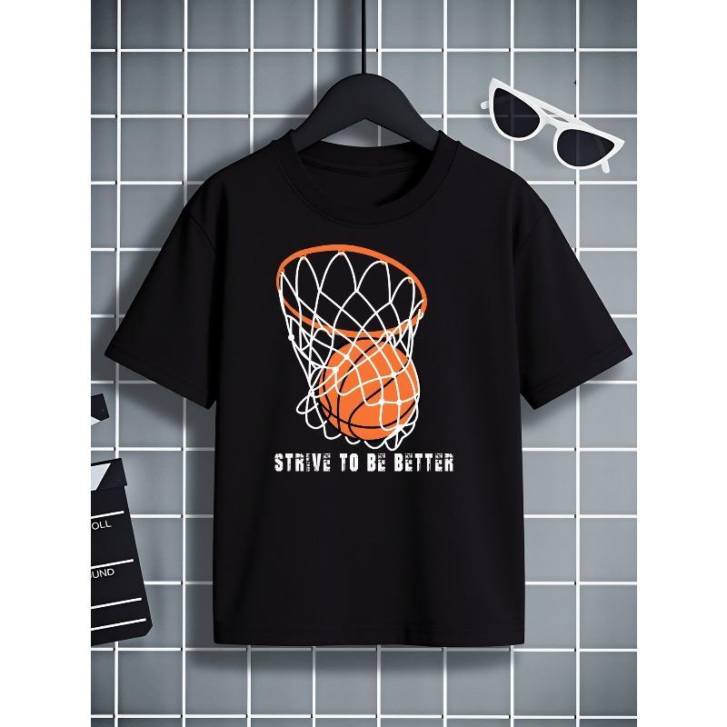 European Sizes Boys' T-Shirt Basketball Net with Ball And Motto, Ideal for Outdoor Activities, Soft Knitted Top, Comfortable And Breathable