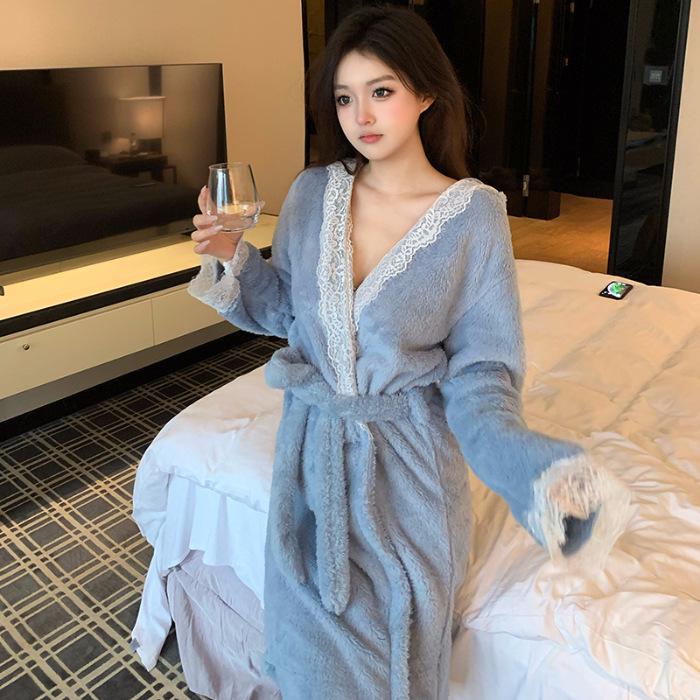 Women's Winter Fleece Long Bathrobe with Velvet - Sexy Bride Morning Robe Pajamas