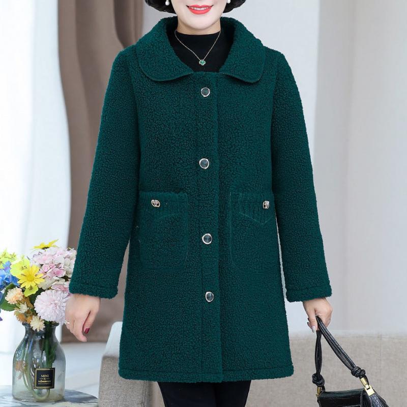 Mom Lamb Wool Jacket Winter Women's Plush Integrated Medium and Long Imitation Leather Plush Thickened Top Granular Plush