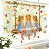 Fairy Window Sticker, Watercolor 4 Fairies Swing Window Cling, Colorful Flowers Butterflies Static Glass Decal for Kids Room Bedroom