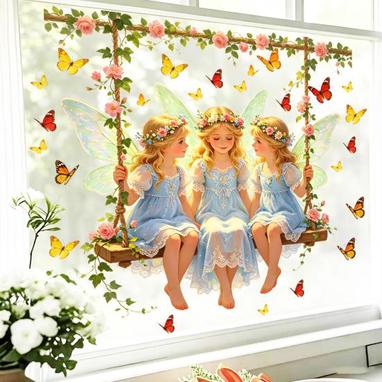 Fairy Window Sticker, Watercolor 4 Fairies Swing Window Cling, Colorful Flowers Butterflies Static Glass Decal for Kids Room Bedroom