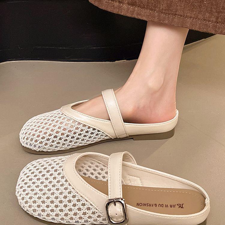 Hollow woven bag head half slippers women's summer wear 2025 new flat-bottomed breathable one-pedal hole shoes sandals