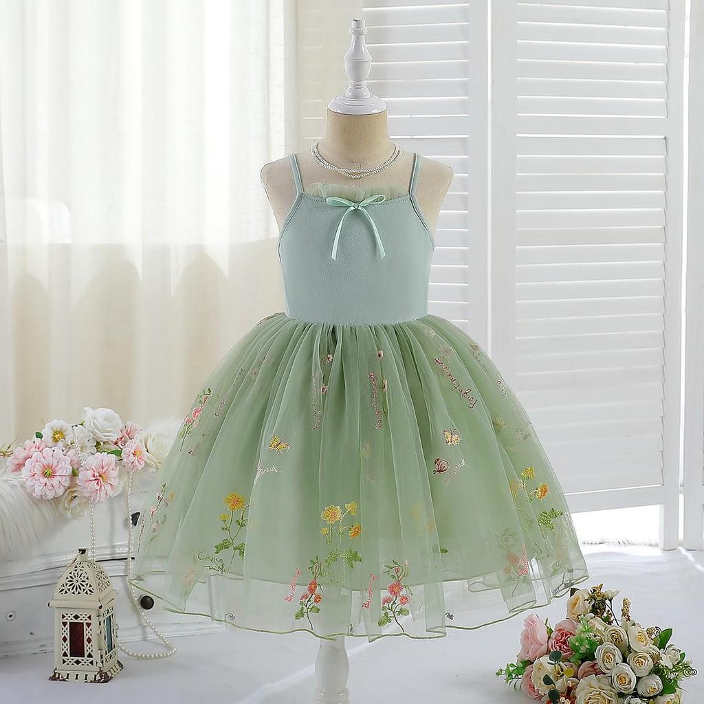 2025 Summer Girls' Embroidered Mesh Camisole Princess Dress - Floral Gauze Skirt
