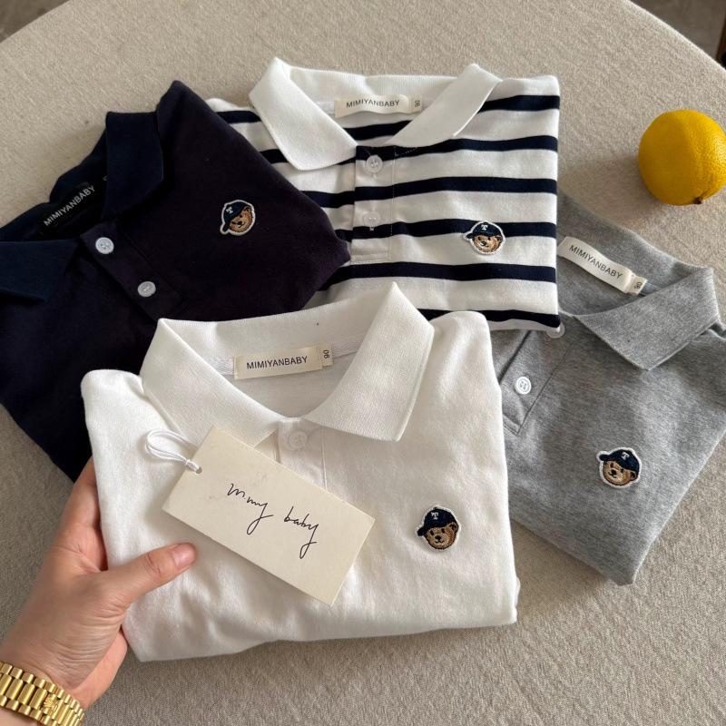 Kids' Striped Polo Shirt - Fall Trendy Bear Design for Boys & Girls