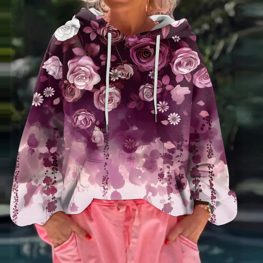 Women's Floral Print Loose Casual Long Sleeved Hooded Sweatshirt