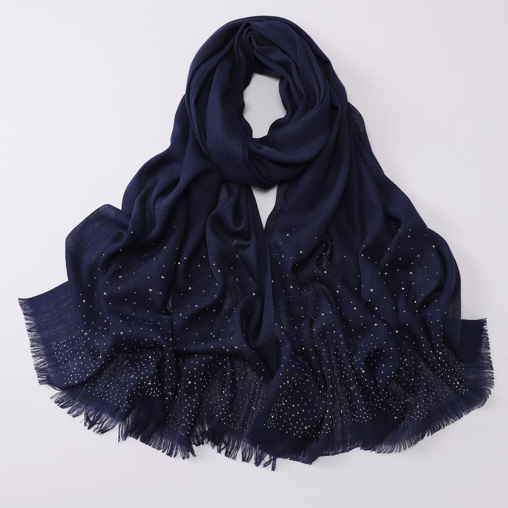 Versatile Solid Color Bamboo Yarn Headscarf With Rhinestones Malay Style Scarf