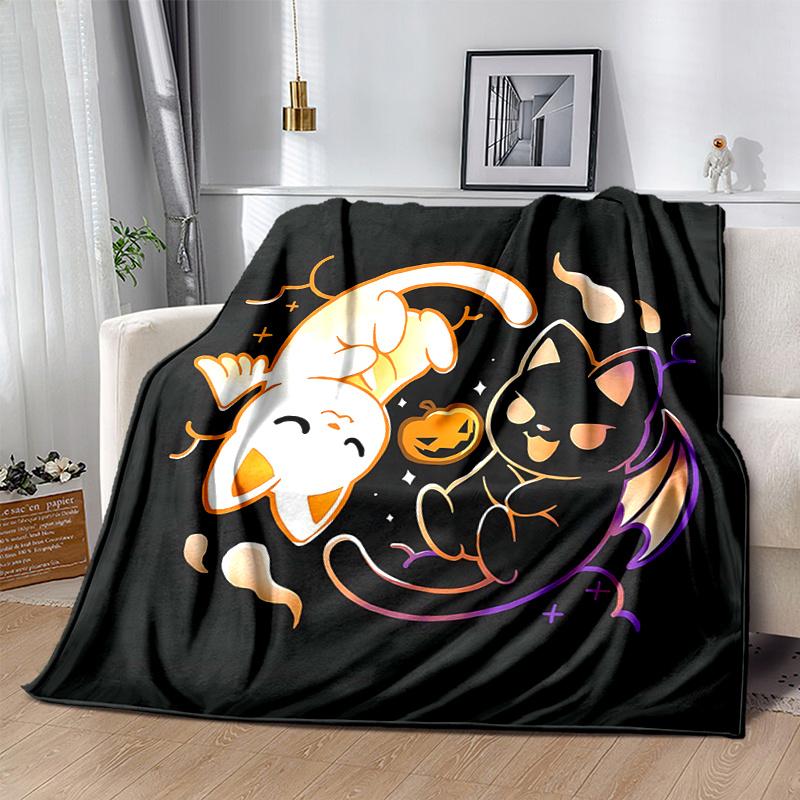 1pc Halloween White Cat & Black Cat Blanket Soft Throw for Home Decor, Gift Idea, Living Room, Travel, Camping, Car Blankets