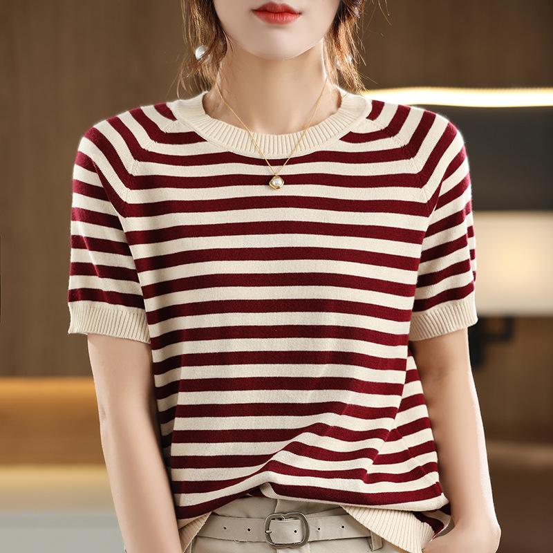 IHUASU Striped Cotton T-shirt Women's Summer Pullover Loose Versatile Half-sleeved Knitted Bottoming Shirt Short-sleeved