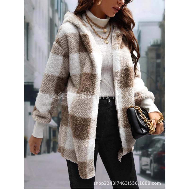 new coat loose plaid color matching knitted cardigan fashion sweater women XXL верблюд