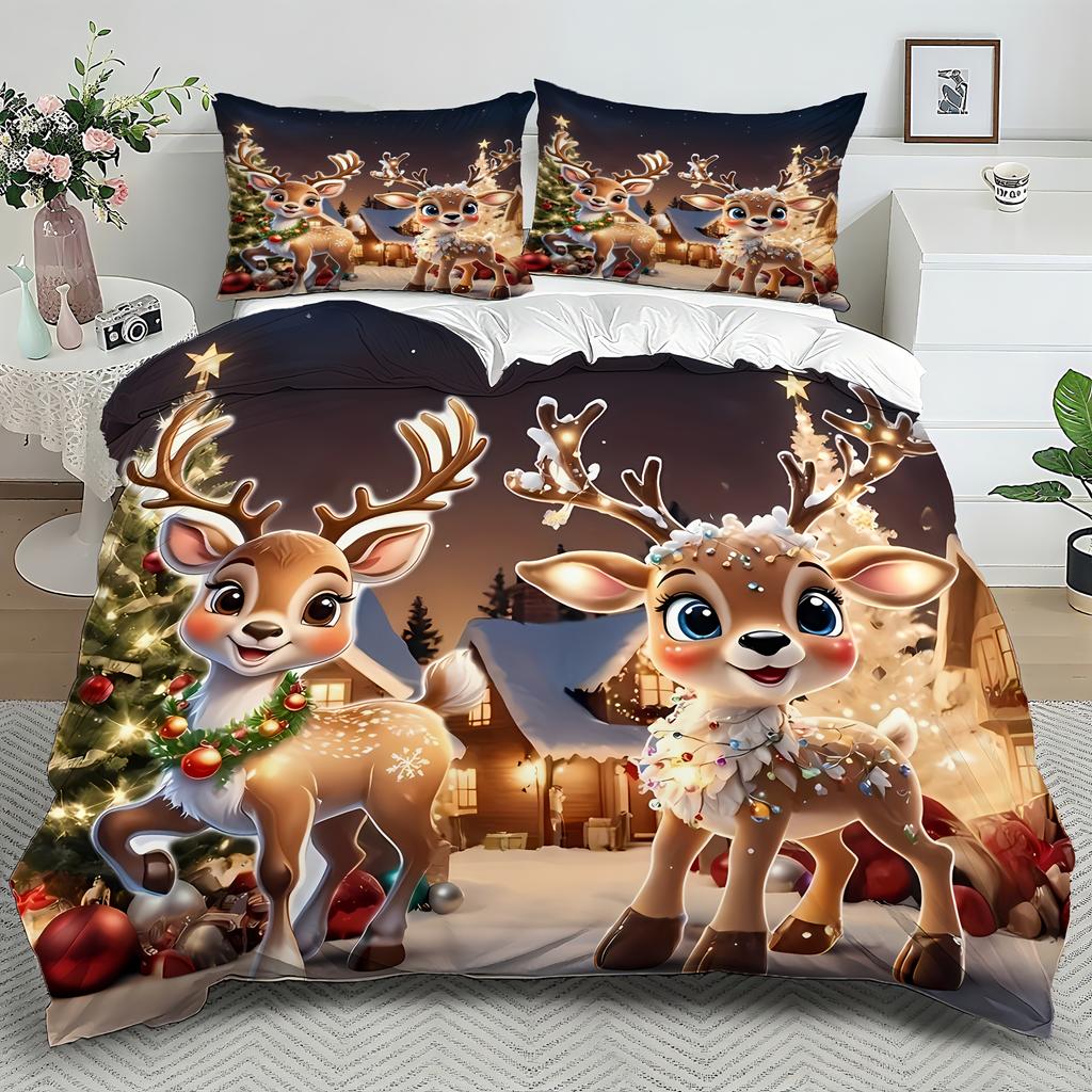 3-teiliges Cartoon Weihnachtsrentier Weihnachtsbaum Bettwäscheset, Winter Weihnachtshirsch Bettbezugset (1 * Bettbezug + 2 * Kissenbezüge