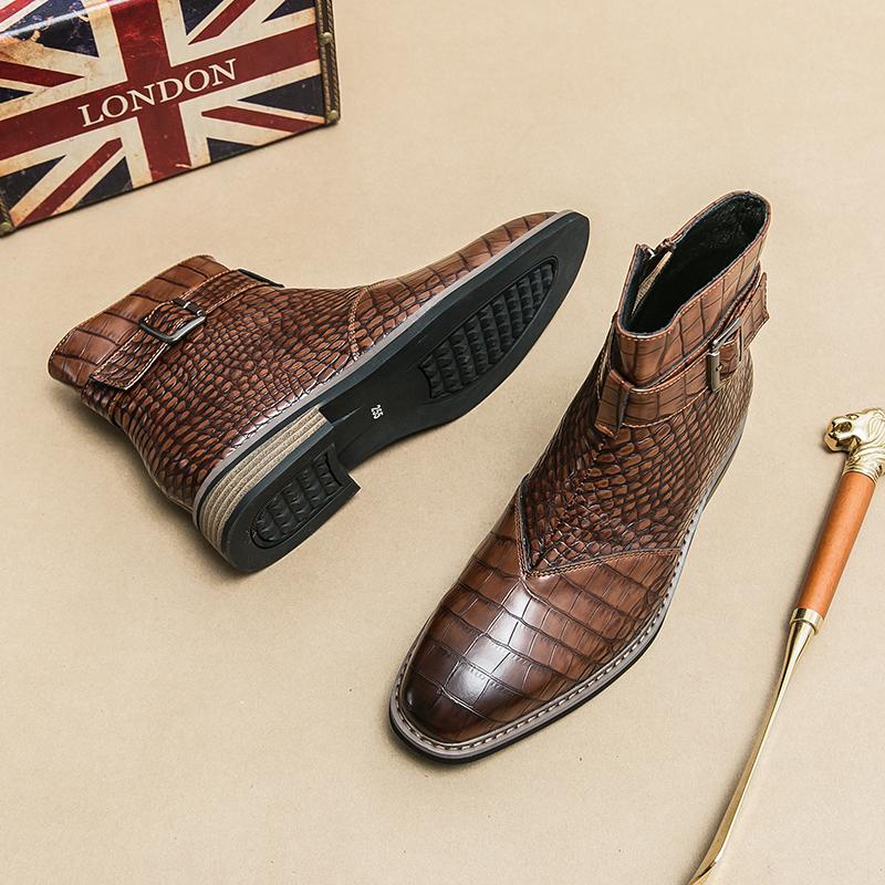 Fashion High End Banquet Formal Boots Winter Ankle Boots Men's Business Shoes Pointed Men's Genuine Leather Shoes Retro Brown