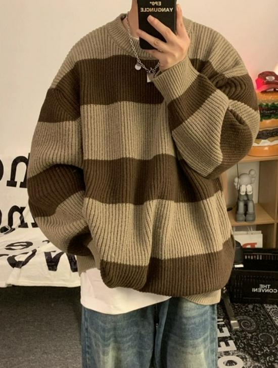Pull rayé à col rond pour homme - Coupe ample, Tricot tendance Automne/Hiver