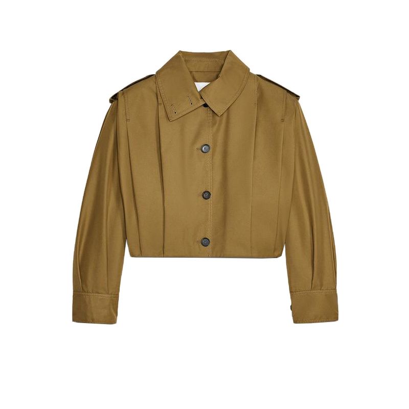 

Summer New Women clothes Maillard Pleated Decorative Single-Breasted Blended Long sleeve Turtleneck Outerwear 3194545 Olive green L