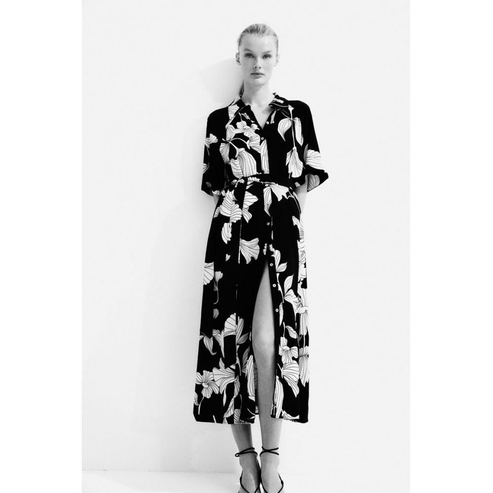 

Платье-рубашка HM с поясом, черное, белое, с цветочным принтом