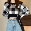 Navava Women Lovely Check Contrast Round Neck Long Sleeve Crop Knit Tee Nk3347
