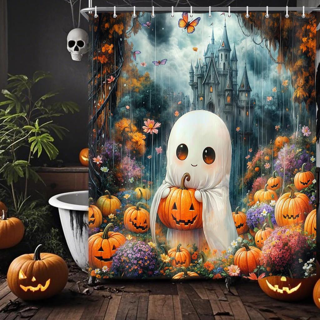Halloween Shower Curtain, Black Cute Ghost Pumpkin Spooky Shower Curtain for Bathroom, Funny Halloween Holiday Cartoon Spooky