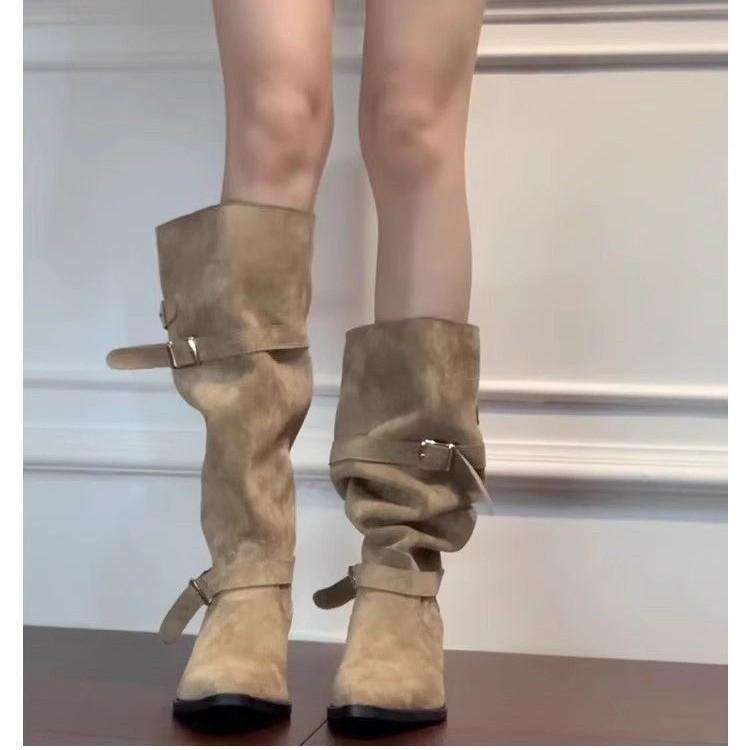 But knee boots women's autumn and winter khaki suede fashion boots women's thick heel thin pleated piled boots
