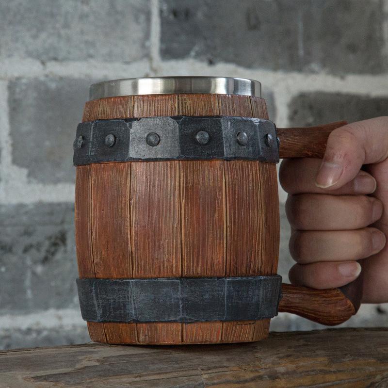 1pc Large Capacity Wooden Barrel Beer Cup Steel Pipe Handle with Handle Industrial Style Mugs Coffee Cups