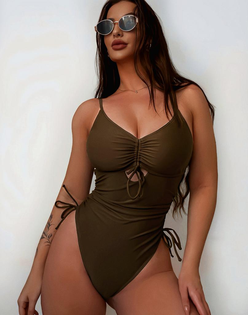 Damen Badeanzüge Sexy Braun Hohl Kordelzug Seitlich Gebunden Einteilige Badeanzüge Bikini Set Strandbekleidung Badeanzüge