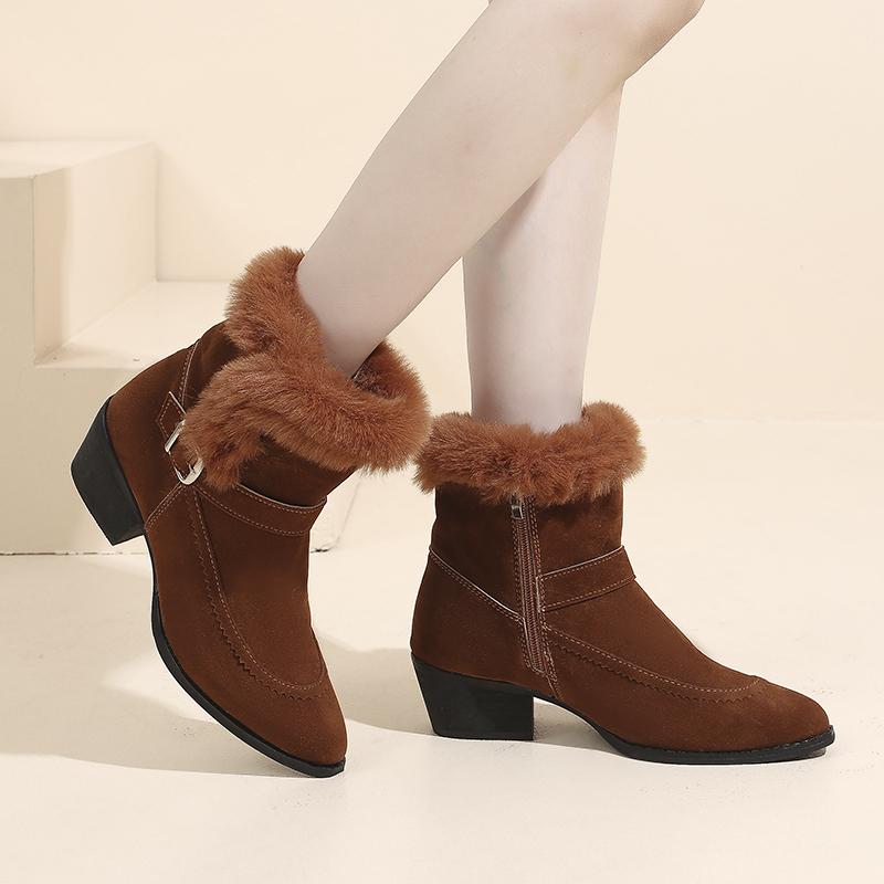 Fashion Winter New Block Heel Cotton Boots Women's Fashion Pointed Toe Side Zipper Suede Metal Buckle Short Boots