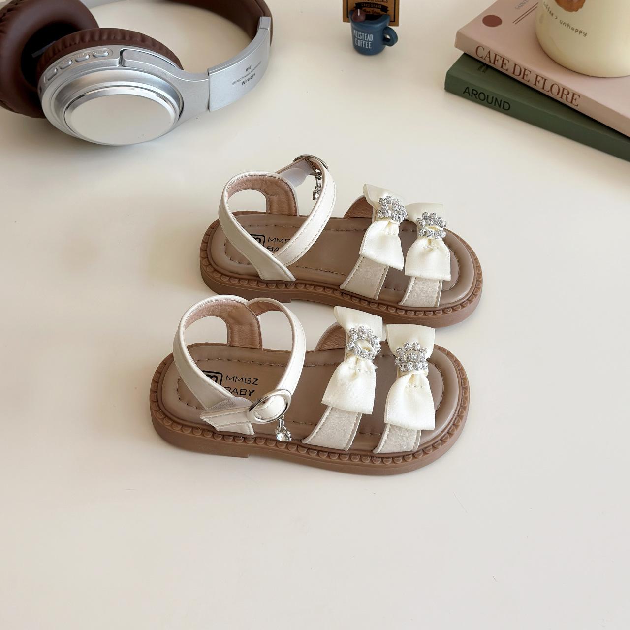 Kids Bow Rhinestone Decor Flat Sandals 21 белый
