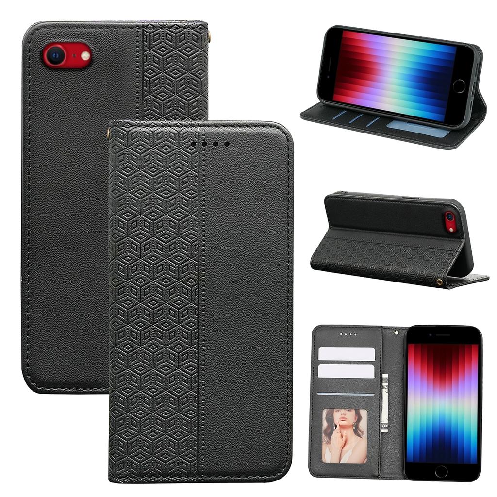 For iPhone 16e Wallet Phone Case Strong Magnetic Checkered Pattern Imprint Leather Flip Cover