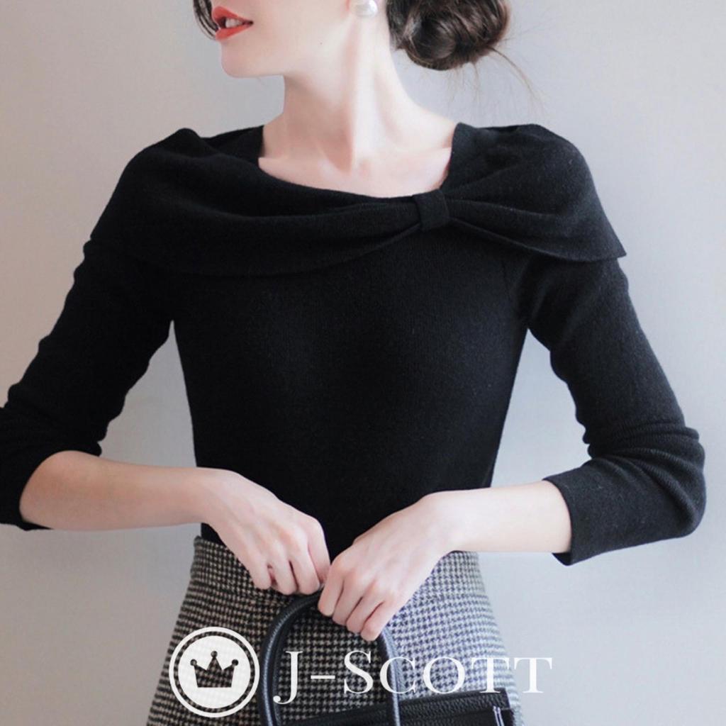Boat Neck Knit Ribbon Slim Spring 10 Looks Regular Contoured Easy Korean Style Stylish Looks Black [J-Scott] Tops, Motif, Thin, Soft, Fit, 10/4
