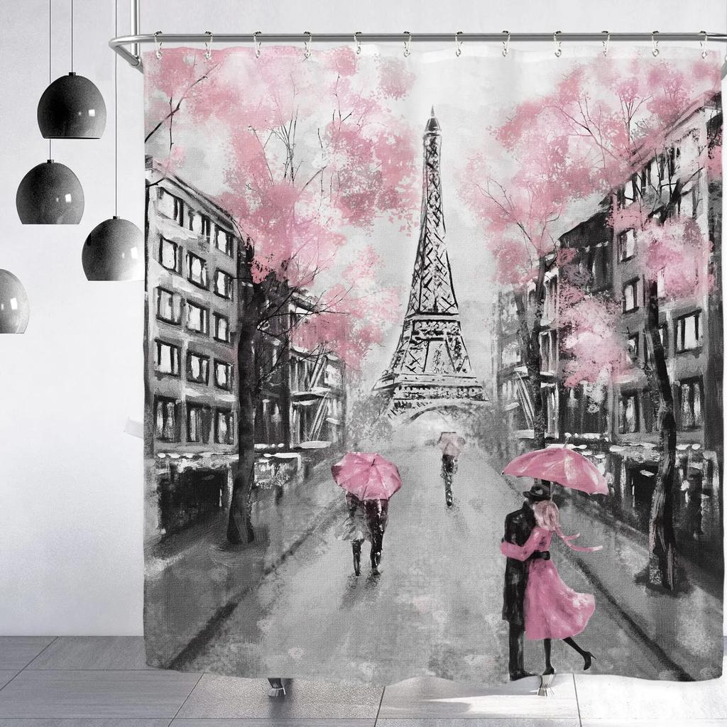 Pink Floral Shower Curtain Kids Decor Spring Flower Park Forest Road Landscape Scenic Bathroom Curtain Decor Set with 12 Hooks