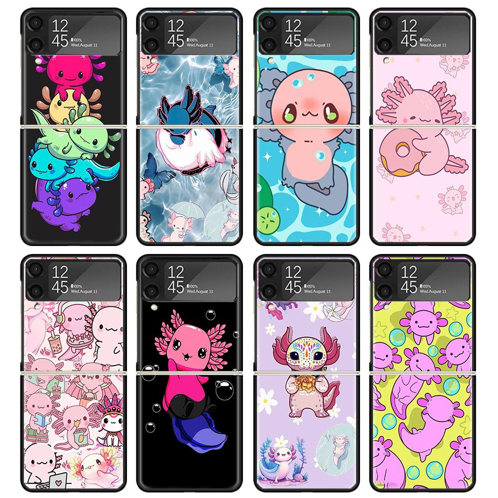 Cute Axolotl Kawaii Black Phone Case For Samsung ZFlip7 ZFlip6 ZFlip5 ZFlip4 ZFlip3 5G Hard Protective Galaxy Z Flip 3 4 5 6 7