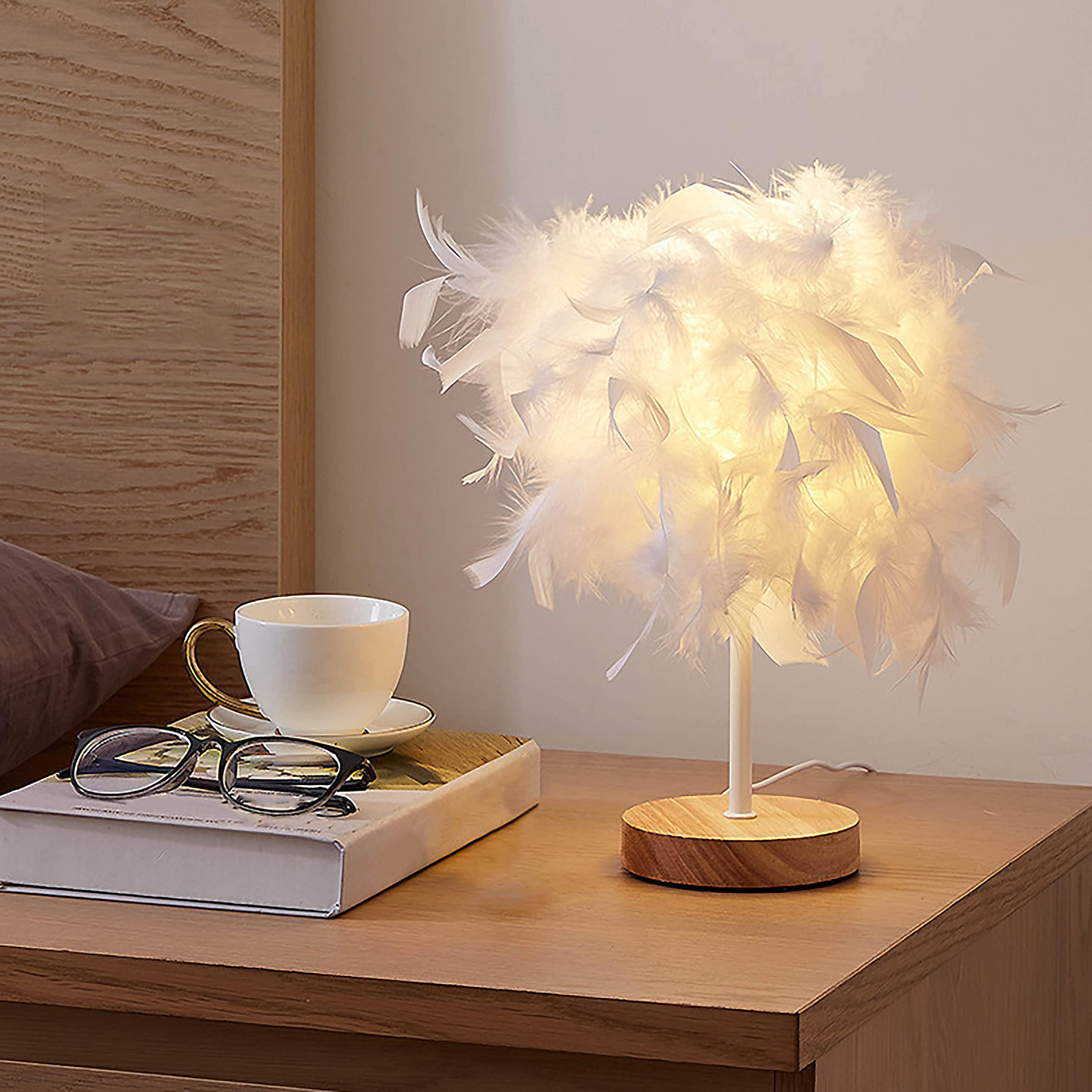 

TA-019 Feather Lampshade Table Lamp Bedside LED Light Bedroom Desk Night Light Home Decoration for Sleeping,Reading White