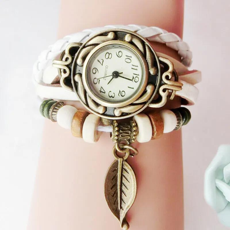 Watch for Women Women Retro LeatherWinding Bracelet Leaf Pendant Watch  Dial Design Leather Strap Accessories for Women