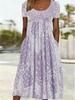 Europäisches & Amerikanisches Sommer Retro Print Mittelhoher Taillenlanger Kleid - Kurzarm, Rundhalsausschnitt, Bequemer Lässiger Stil Pullover