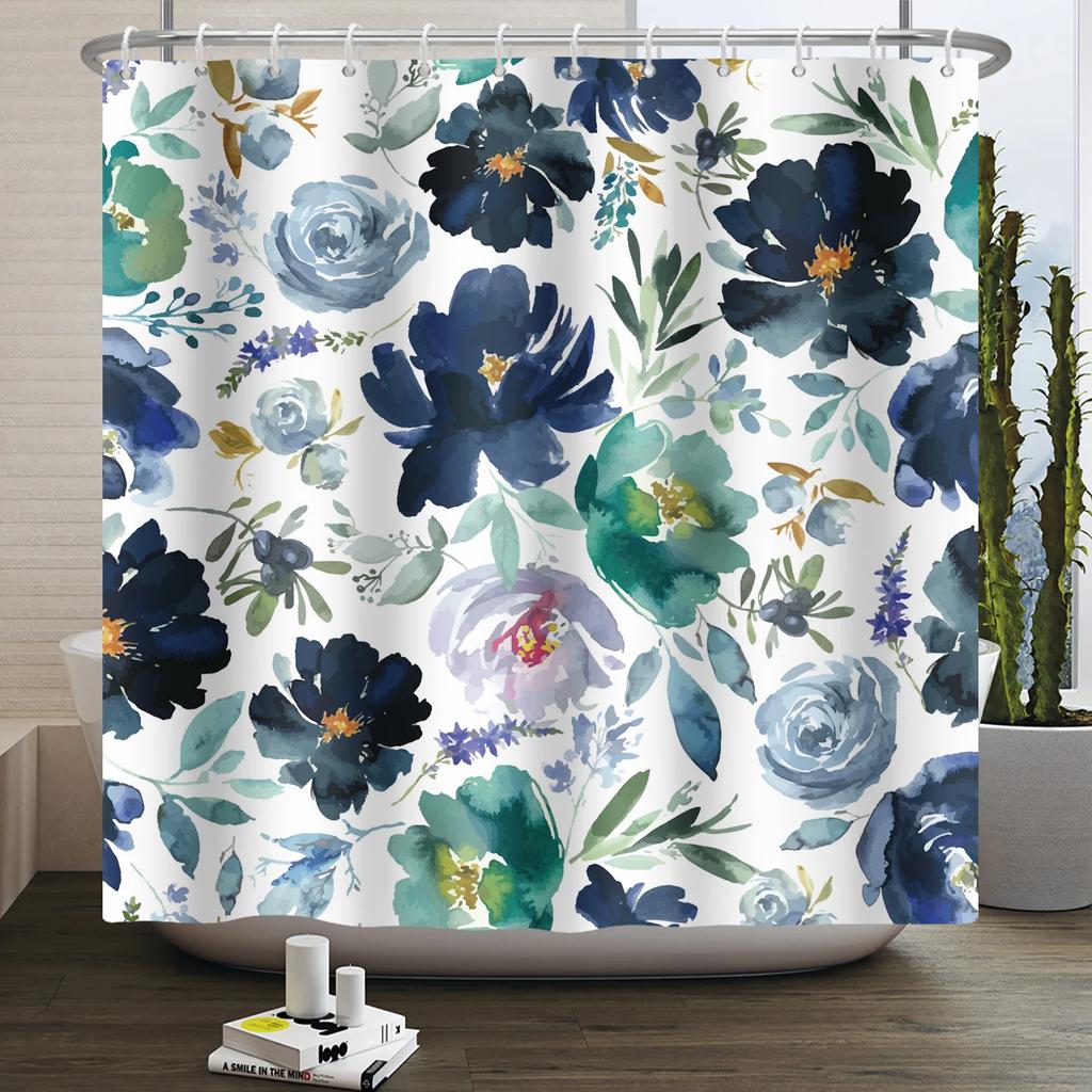 Watercolor Floral Shower Curtain for Bathroom Spring Elegant Flower Printed Bath Curtain Botanical Wildflower Bathroom Decor