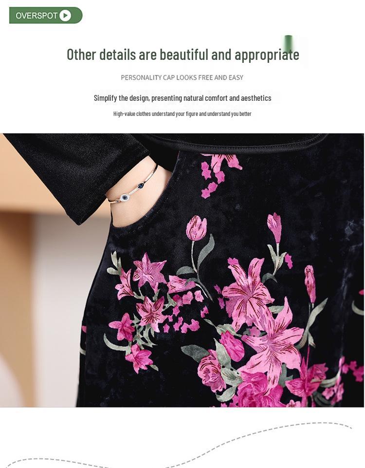 Gold Velvet Patchwork Two-Piece Dress for Middle-Aged Women - Age-Reducing and Stylish Long-Sleeved Attire for Spring and Autumn