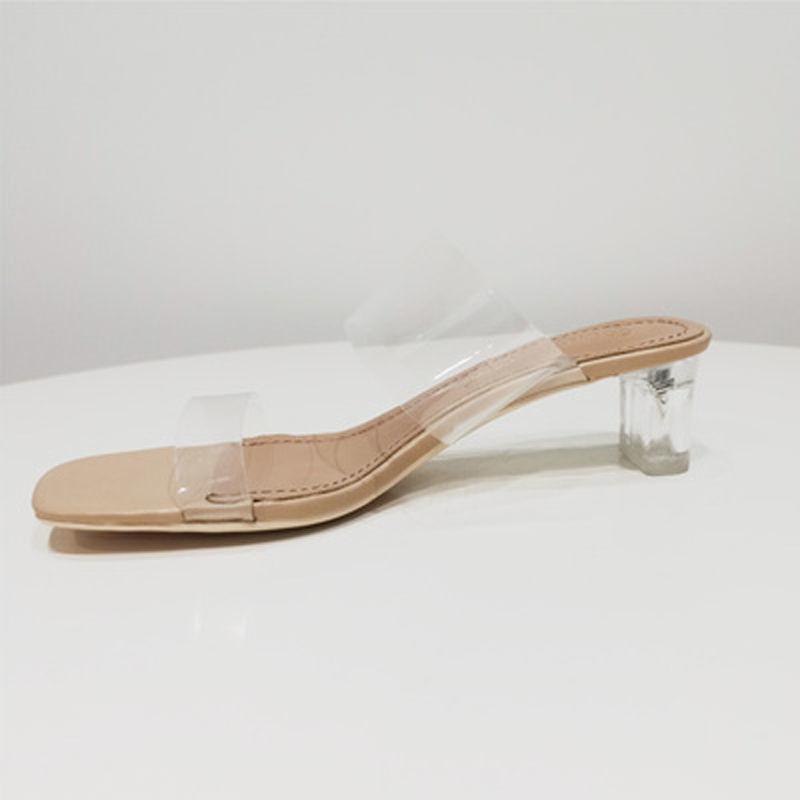 Fairy Style Slippers Transparent Word With Crystal Medium High Thick Heel Sandals Female Summer Wear 34