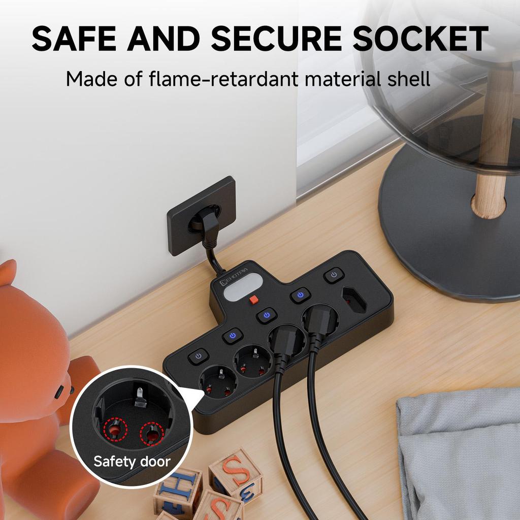 European standard multi socket lighting power socket, made of PC fire-resistant and flame-retardant material, equipped with small night lights