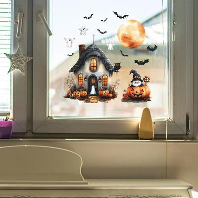 Halloween Bemaltes Kleines Haus Fledermaus Geist Glasfenster Auslage Heimdekoration Statische Fensteraufkleber