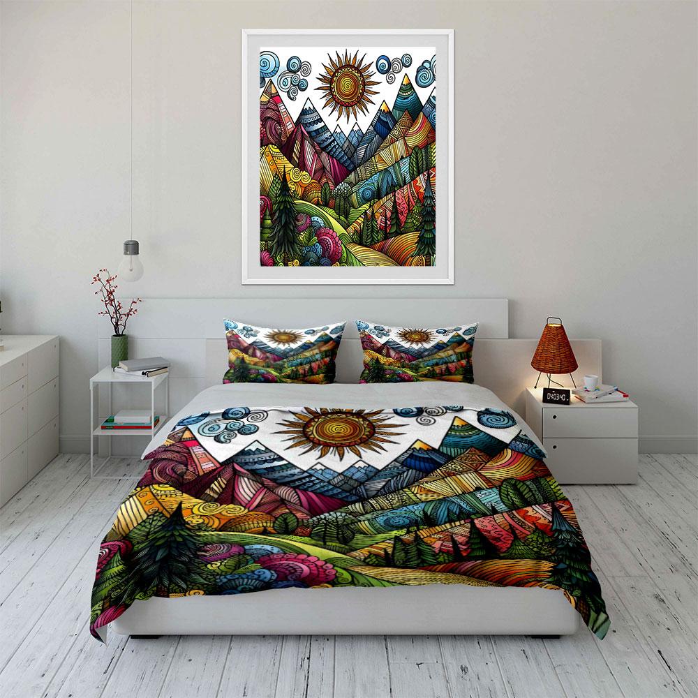 Colorful Mountain Landscape Decor Set Bedding Set with 1 Duvet Cover 2 Pillowcases Single Double King Queen, Gift