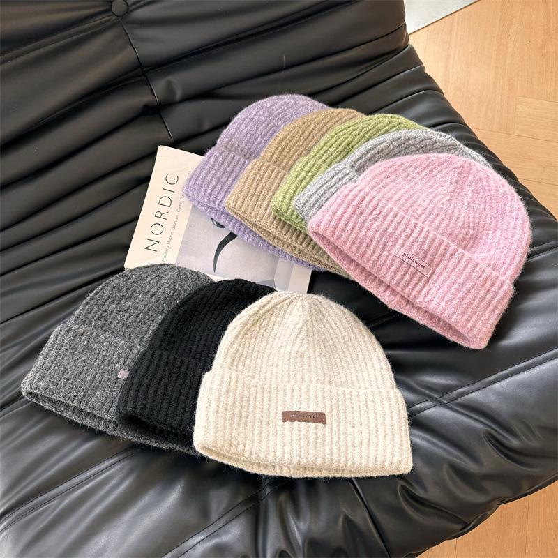 Knitted hat women's ins tide with letters small leather label warm pullover hat autumn and winter thin street ear protection cold hat