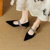 2025 New Ladies Women's Black Suede Pointed Toe Mid-Heel Casual Office Shoes - Snake-Print Instep Strap with Gold Buckle