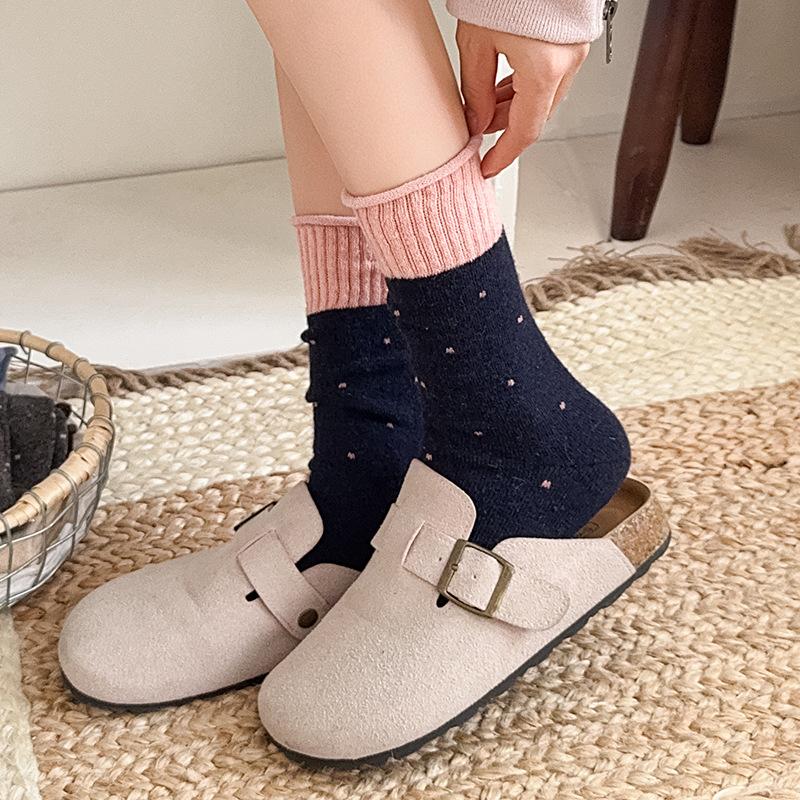 Wool Socks Children'S Stacking Socks Season Fleece Thickened Warm Color Matching Retro Polka Dot Curled Cashmere Medium Tube Socks
