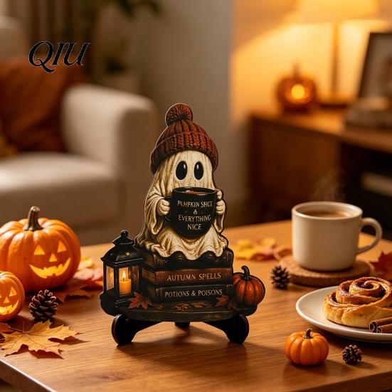 Halloween Party Tabletop Centerpieces Reading Ghost Figurine, Wooden Desktop Ornaments, Vintage Pumpkin Decor Statue with Stand for Home Fireplace