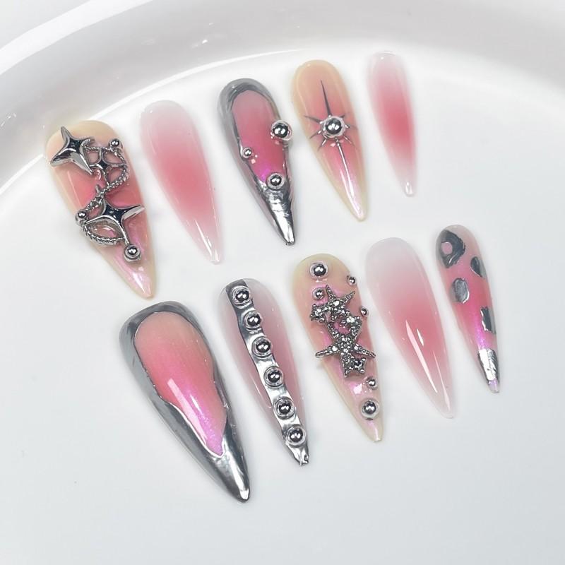 Handmade Press-On Nails With 3D Star Relief Sweet Edgy Metallic Irregular Shape Thin Invisible Fit