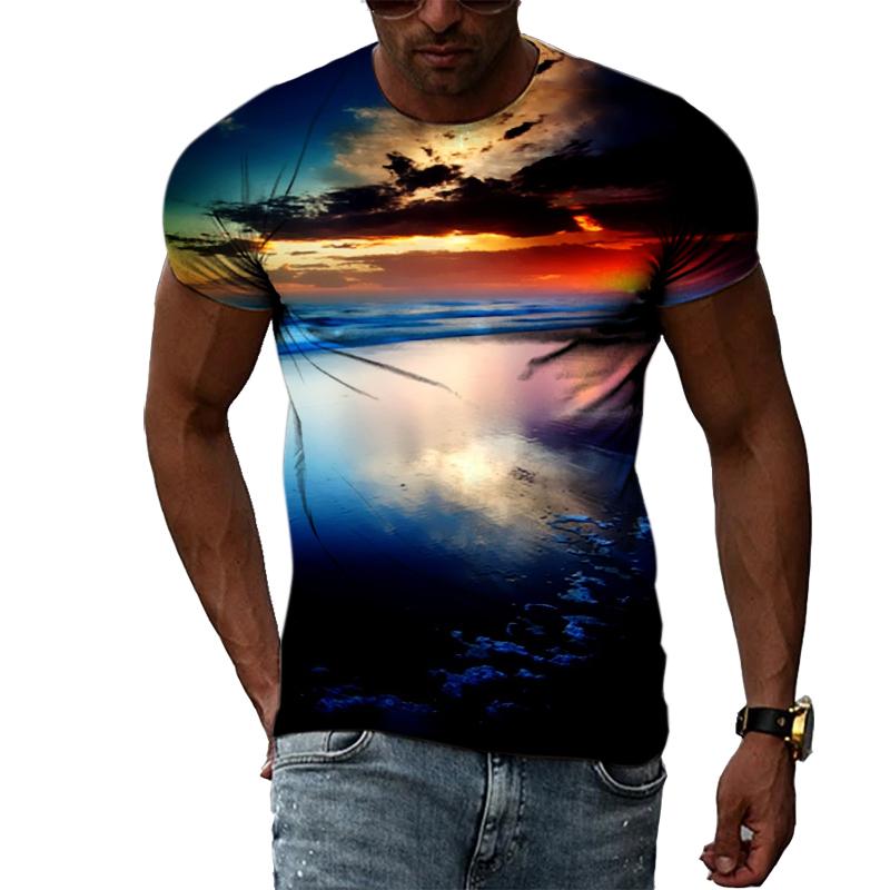 Summer Landscape Pattern T-shirts Casual Personality Hip-hop Trend Round Neck Tees Fashion Men's Street Cool Short-sleeve Top