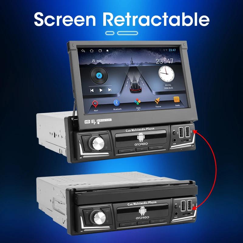 1 Din 7" Universal Car Radio Retractable Touch Screen Android 12 Multimedia Video Player Navigation GPS 4G Wireless Carplay Auto