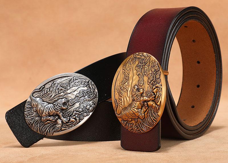 Men's Retro Genuine Cowhide Leather Belt with Smooth Buckle - Extended Large Size for Trendy and Plus-Size Fashion