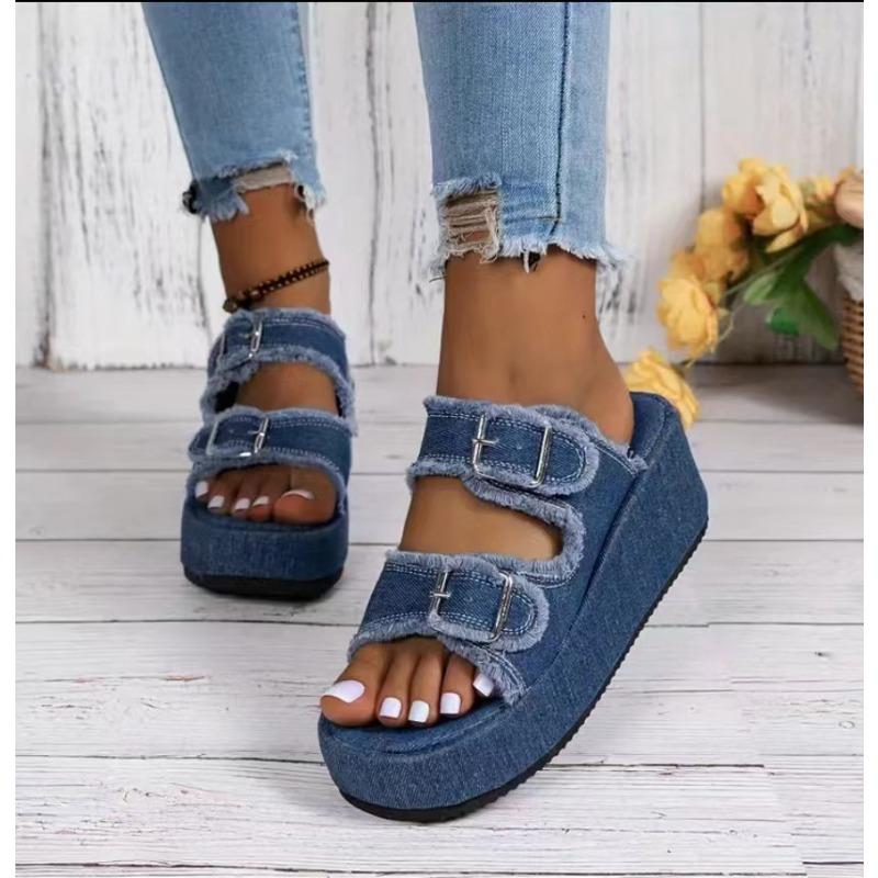 New Summer Women's Plus Size Wedge Denim Belt Buckle Slip on Chunky Sole Outdoor Slide Sandals