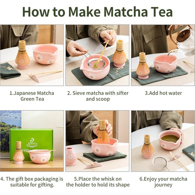 4-7pcs Set Ceramic Matcha Bowl Large Capacity Smooth Matcha Whisk Stand High Temperature Resistant Tea Salad Soup Bowl