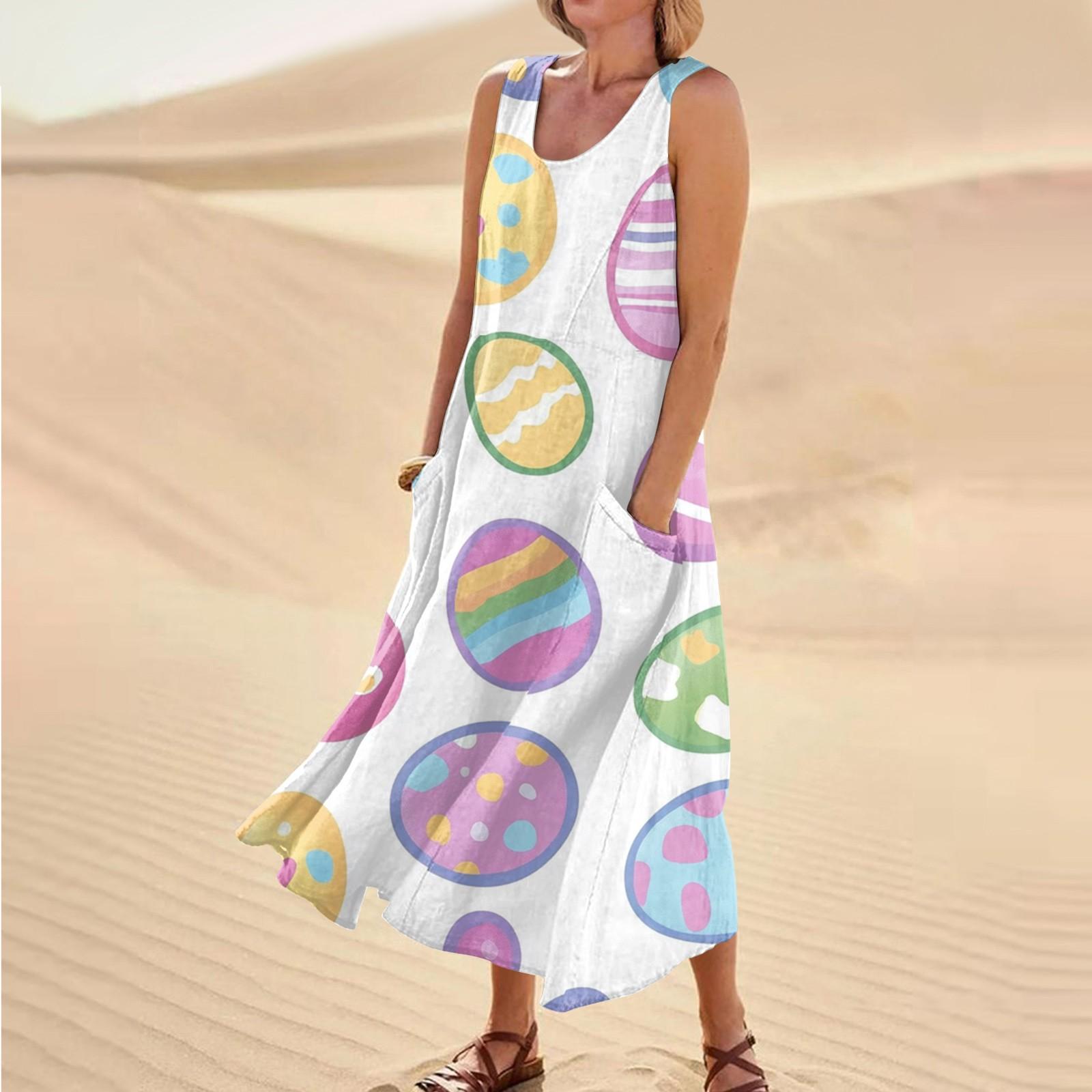 

Женское летнее повседневное модное пасхальное платье без рукавов с круглым вырезом и карманом M